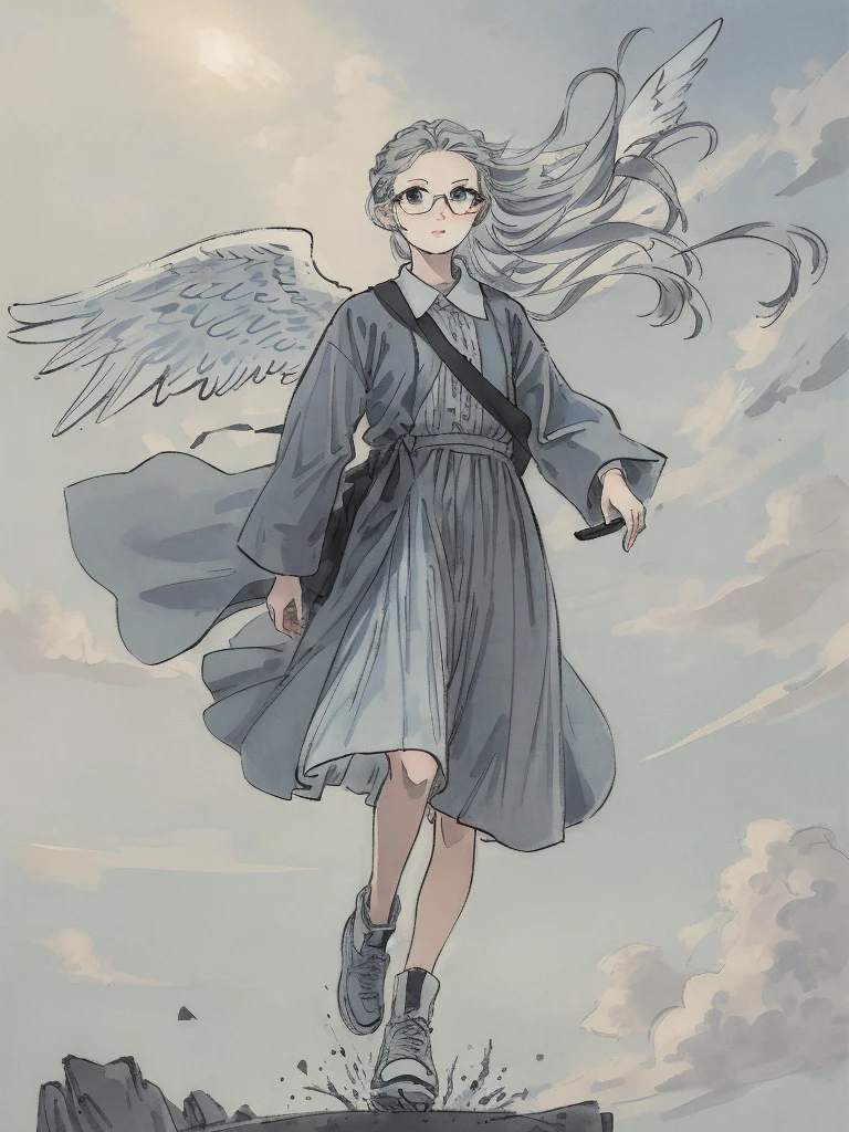 Masterpiece, Highest quality, Low Contrast((must))A Russian girl in her early 20s with ash grey hair, Head to toe full body, wearing simple eyeglasses, falling angel, The face is dense((must)), light blue tone