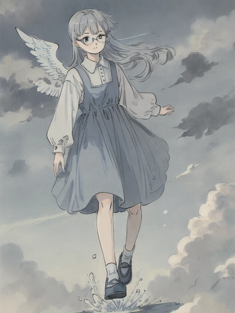 Masterpiece, Highest quality, Low Contrast((must))A Russian girl in her early 20s with ash grey hair, Head to toe full body, wearing simple eyeglasses, falling angel, The face is dense((must)), light blue tone