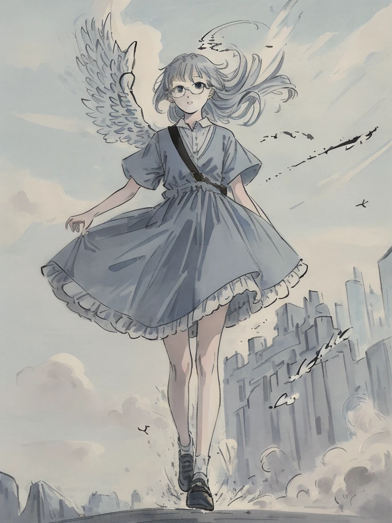 Masterpiece, Highest quality, Low Contrast((must))A Russian girl in her early 20s with ash grey hair, Head to toe full body, wearing simple eyeglasses, falling angel, The face is dense((must)), light blue tone