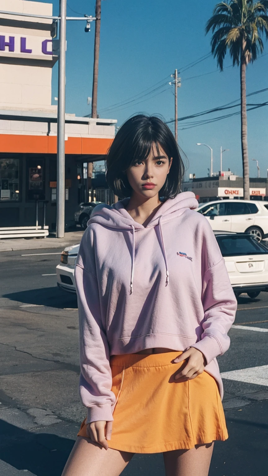 portrait of a 23 yo girl, (perfect natural breast) ,wear (((color orange oversized hoodie))), wear ((purple tennis skirt)),looking front,Best Quality,Masterpiece,Ultra High Resolution,(Realisticity:1.4),Original Photo, 1Girl, light leak,ultra high resolution,UHD,beautiful, (black bob hair), almond eye, no makeup, in front of ((80's gas station)), (realistic:1.2), (surreal:1.3), (very detailed:1.1), ((masterpiece)),summer, blue sky, palm trees,sunny, los angles vibes,film camera, 800mm lens,style of Philip Lorca diCorcia