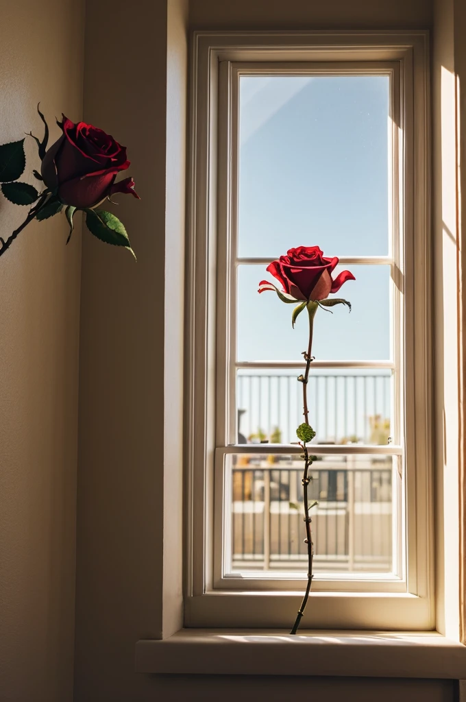 A rose in a window where the sunlight hits it 