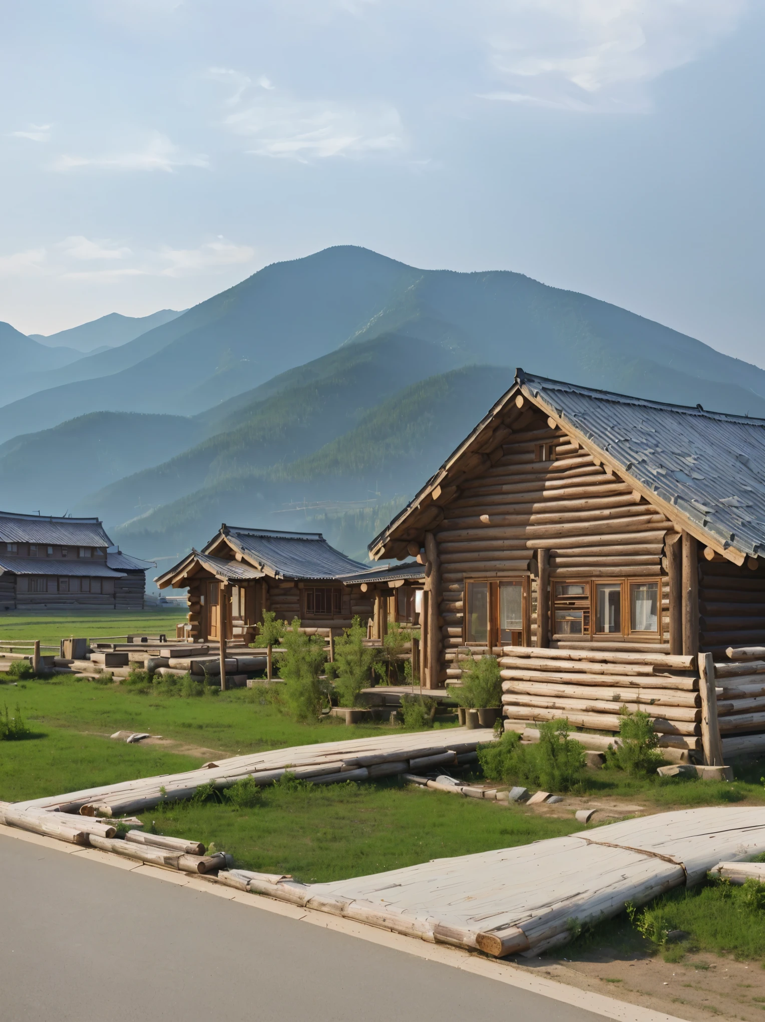 远处是一座Log House和一条路后面的群山, villages at background, village, ground level view of Soviet Town, Soviet Town, Log House, Wooden buildings, 远处的Log House, 山上建造的Log House, 背景中的village庄, near lake baikal, magical Soviet Town, Some houses in the background, small town surrounding