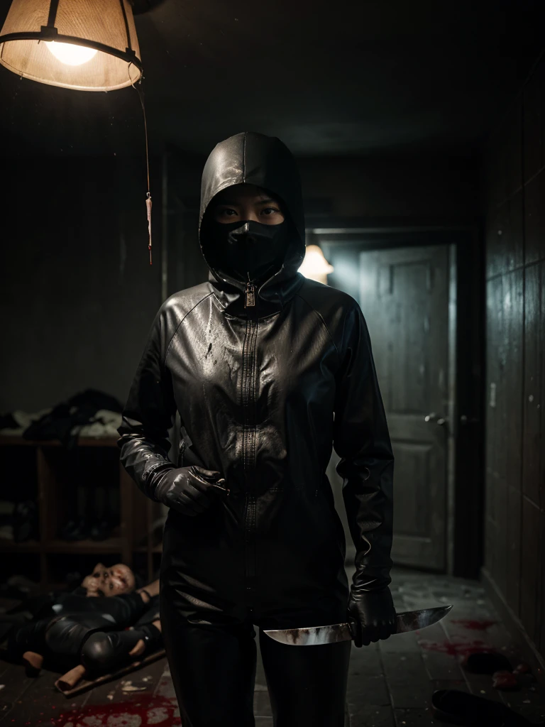 korean girl, (behind corpse, balaclava), holding knife, stabbing, black raincoat, leather gloves, room full of blood, trucker hat, black wet suit, holding knife, leather gloves, behind corpse, blood splatter, short hair, night, mass murderer, robbery, in the house, dark atmosphere, cinematic lighting, atmospheric realistic,