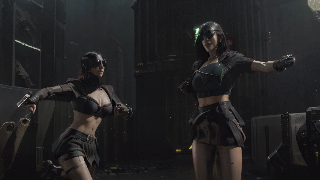 dark futuristic landscape, at night, neon lights, Atmospheric fog, large buildings in the background, futuristic city, busy streets with open shops, Ruined buildings, skyscraper (postapocalyptic city:1.3). at night, (((Matrix style cascading code))), (1woman mai shiranui, solo, perfect body), photo realistic, (large-breast:1.1 slim body, cleavage), (((tube top, extreamly short pleated (((((miniskirt))))) exposing panty))), (((((((matrix style black sunglasses))))))), (((((((sprinting with a (pistol), looking at camera))))))), (((half-body (thigh level) medium shot))), cinematic lighting.