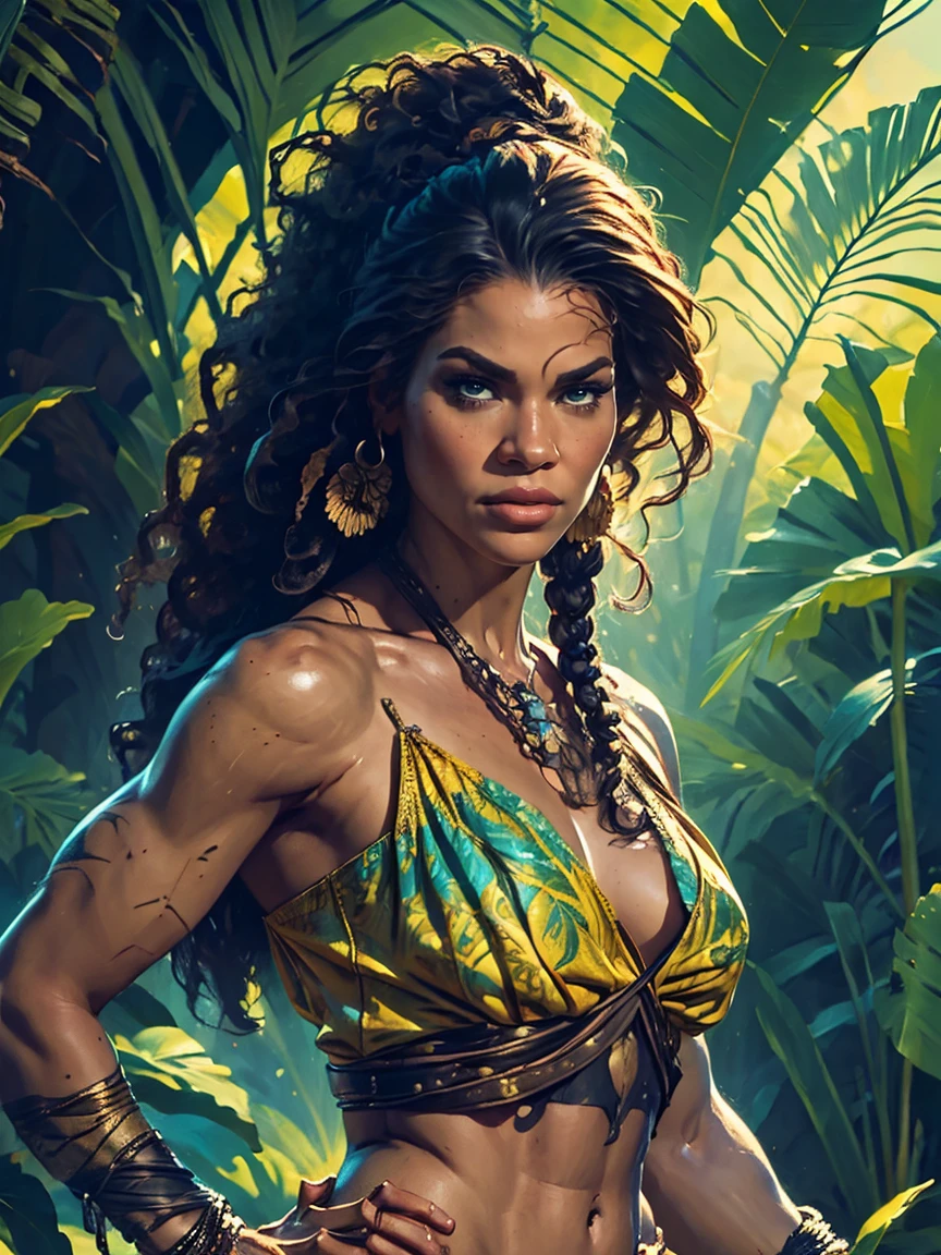 a female Tarzan based on Zendaya, highly detailed cinematic fantasy portrait, black outlining, full color illustration, in the style of BORIS VALLEJO & JULIE BELL, masterpiece, 8k, ultra-detailed, physically-based rendering, vivid colors, dramatic lighting, intricate background, sci-fi, photorealistic