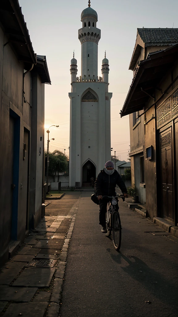 In the morning, it was still dark and went to the mosque by bicycle to pray at dawn