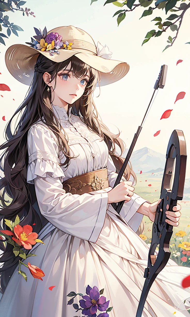 A girl wearing a hat, holding a flower, long hair, flower on top of the hat, wearing dress , holding a archery,
