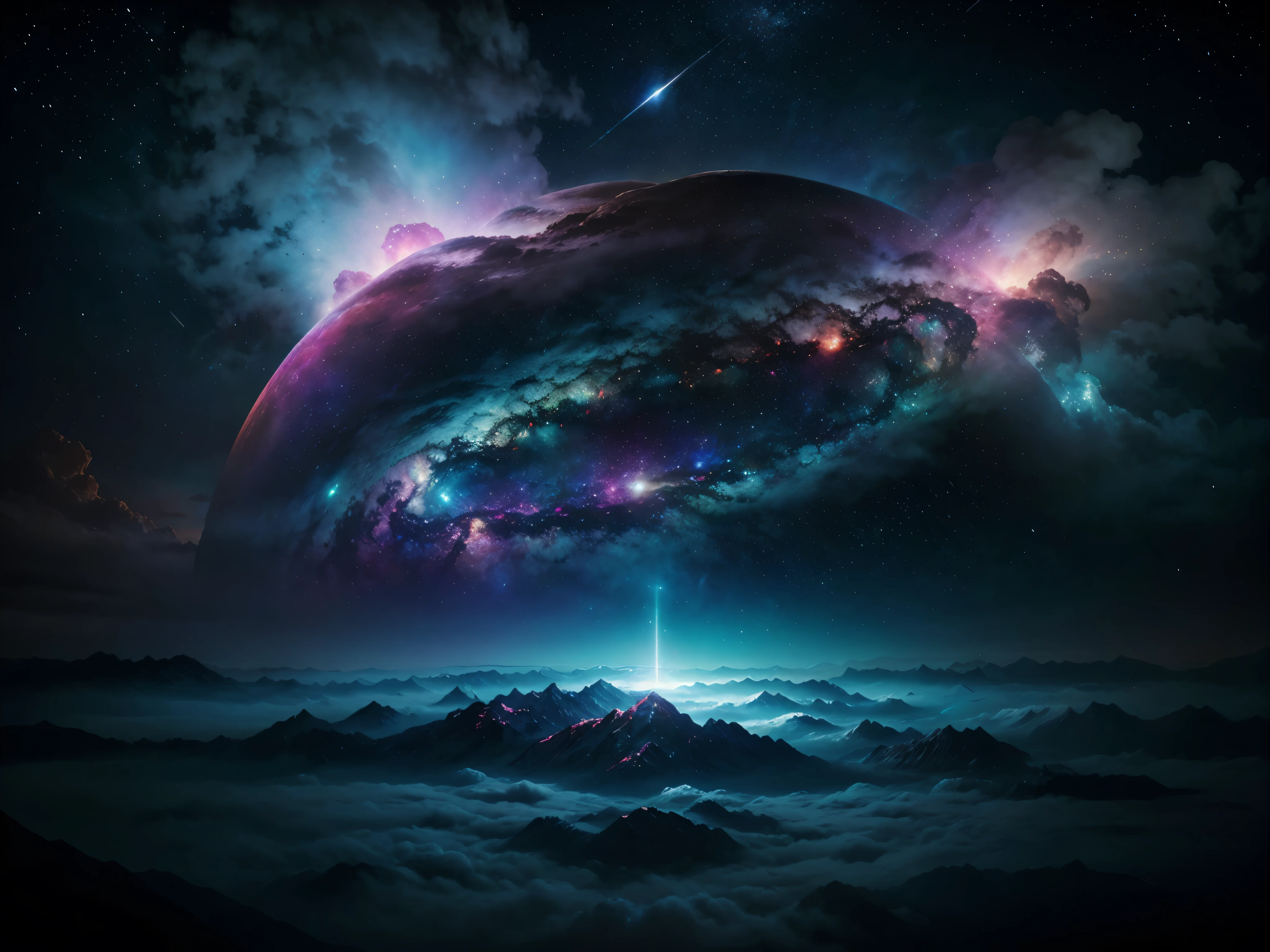 a surreal abstract landscape, nebula, cosmic background, glowing stars, galaxy, colorful swirling clouds, ethereal atmosphere, digital art, 8k, highly detailed, photorealistic, cinematic lighting, dramatic lighting, vibrant colors, otherworldly, mysterious, awe-inspiring