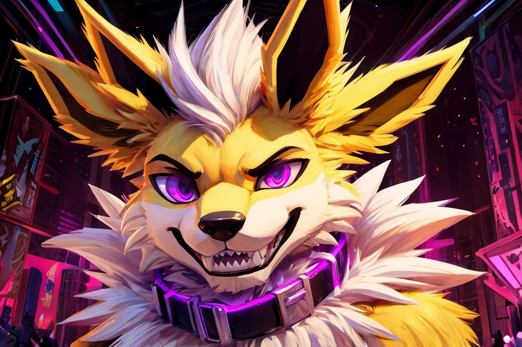 Macro Male Jolteon (pokemon),  smug expression, big teeth, high contrast, 8k HD, detailed, hyper-detailed, furry vore, primary fur yellow, secondary fur white, White mohawk, purple eyes, purple collar, best quality, ultra high res, Bully, Teasing, Flirty, Being worshipped