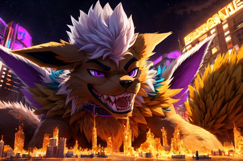 Macro Male Jolteon (pokemon), smug expression, big teeth, high contrast, 8k HD, detailed, hyper-detailed, furry vore, primary fur yellow, secondary fur white, White mohawk, purple eyes, purple collar, best quality, ultra high res, Bully, Teasing, Flirty, Being worshipped
