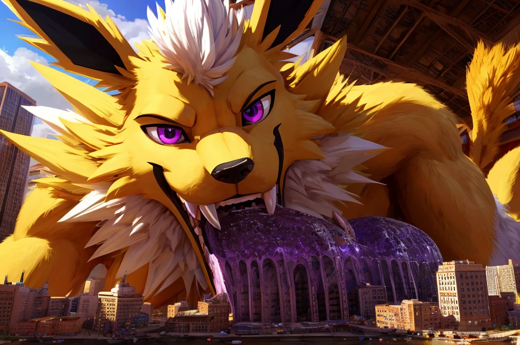Macro Male Jolteon (pokemon), smug expression, big teeth, high contrast, 8k HD, detailed, hyper-detailed, furry vore, primary fur yellow, secondary fur white, White mohawk, purple eyes, purple collar, best quality, ultra high res, Bully, Teasing, Flirty, Being worshipped