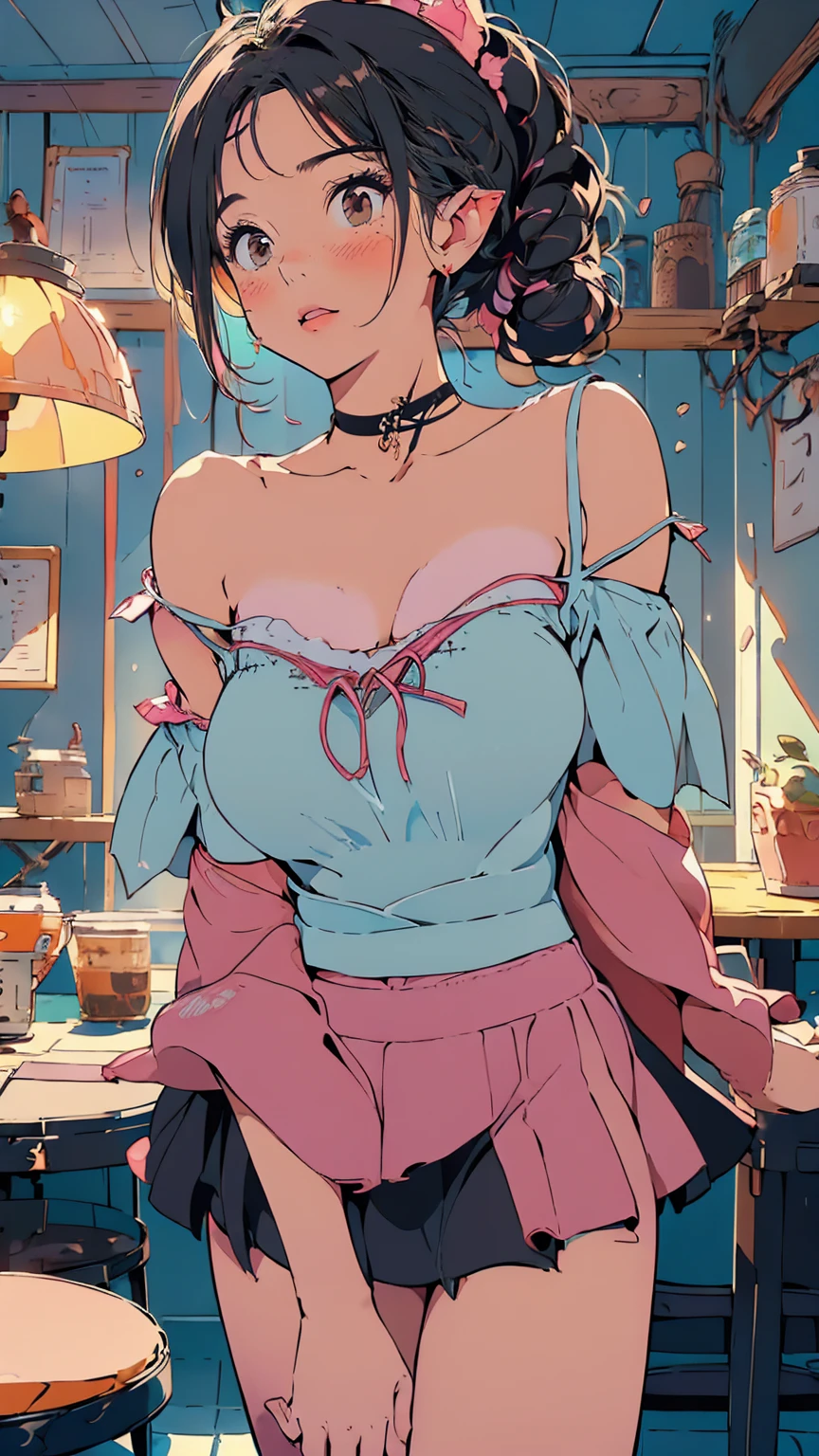 master piece, highest quality, Ultra-high resolution,(Beautiful woman:1.2), cute, cute face, (Natural skin texture, Realistic Skin), (Upward-facing chest, Beautiful big boobs:1.3),(blush, Happy:1.2),(enjoy:1.2), (Black Hair:1), (short low ponytail:1.2), Medium Hair,Sexy mole around mouth,Wet lips, (erupt:1.4), (Squint your eyes:1.4) ,((random color, off-shoulder camisole:1.5)), short skirt, kawaii , her room, fan, Feel the wind from a fan from below, Hot and sweaty, The wind from the fan blows up her skirt, Angle from the front, standing, wonderful,Realistic Background,