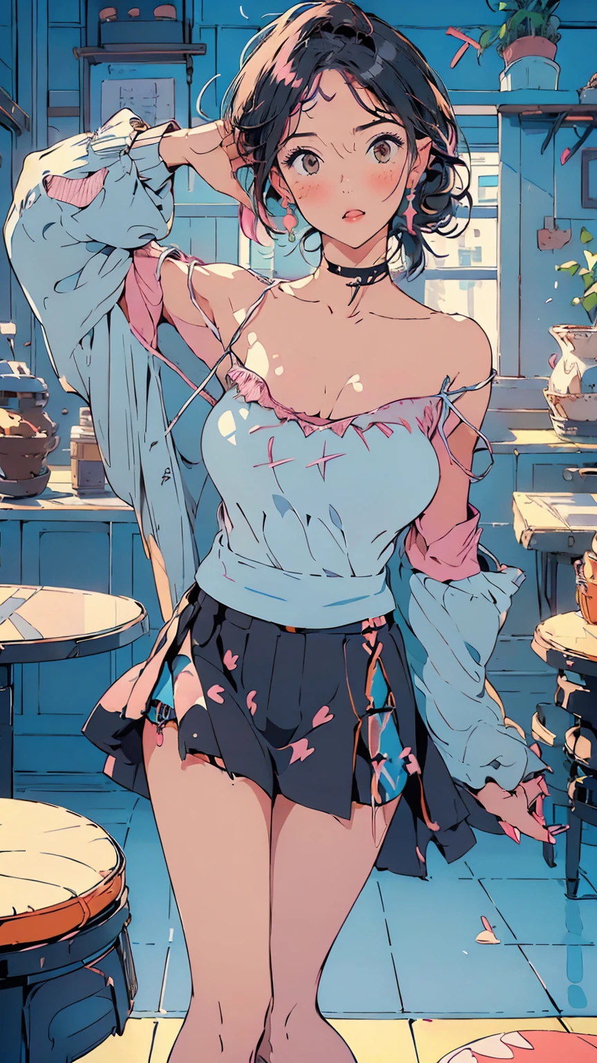 master piece, highest quality, Ultra-high resolution,(Beautiful woman:1.2), cute, cute face, (Natural skin texture, Realistic Skin), (Upward-facing chest, Beautiful big boobs:1.3),(blush, Happy:1.2),(enjoy:1.2), (Black Hair:1), (short low ponytail:1.2), Medium Hair,Sexy mole around mouth,Wet lips, (erupt:1.4), (Squint your eyes:1.4) ,((random color, off-shoulder camisole:1.5)), short skirt, kawaii , her room, fan, Feel the wind from a fan from below, Hot and sweaty, The wind from the fan blows up her skirt, Angle from the front, standing, wonderful,Realistic Background,