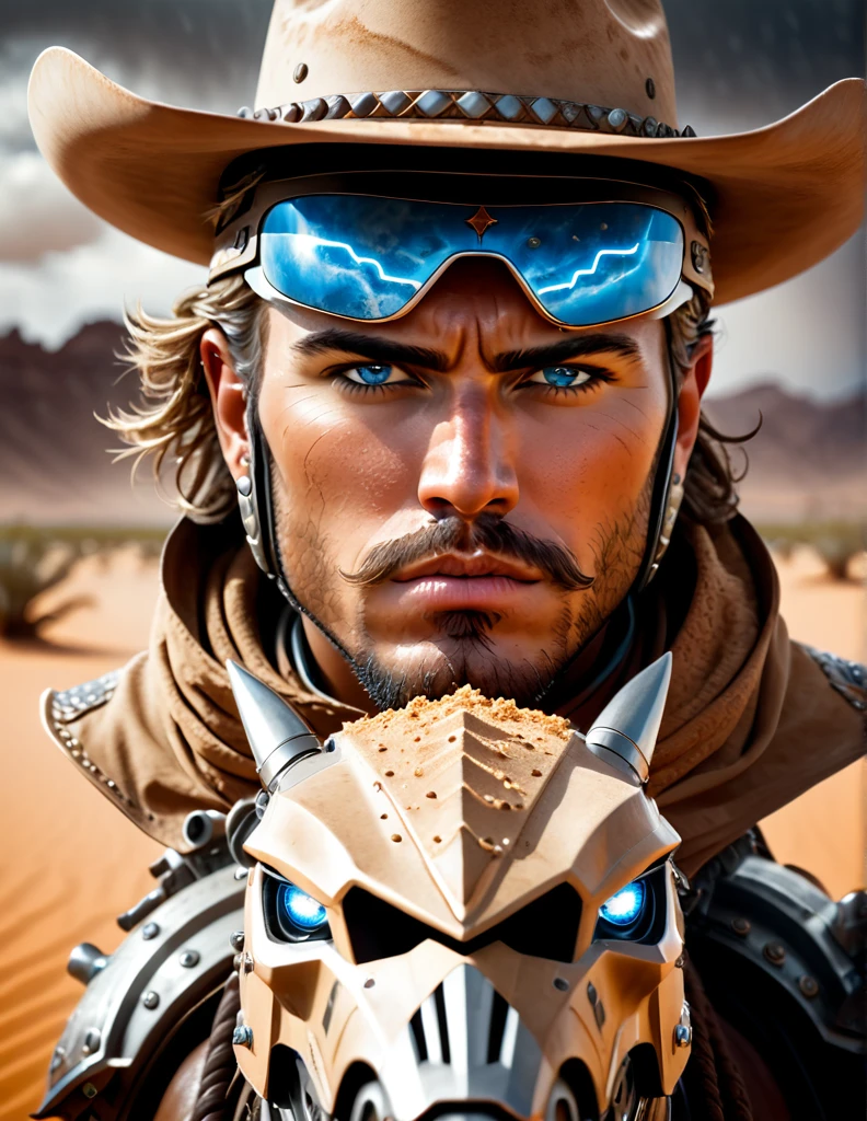 Cinematic Image of Professional Photography of Brave Cowboy at a dessert, taking cover behind his cyborg Steed in a dessert storm, detailed face, detailed eyes, symmetric eyes, detailed facial hair, cinematic, volumetric lighting, ultra-sharp focus.
