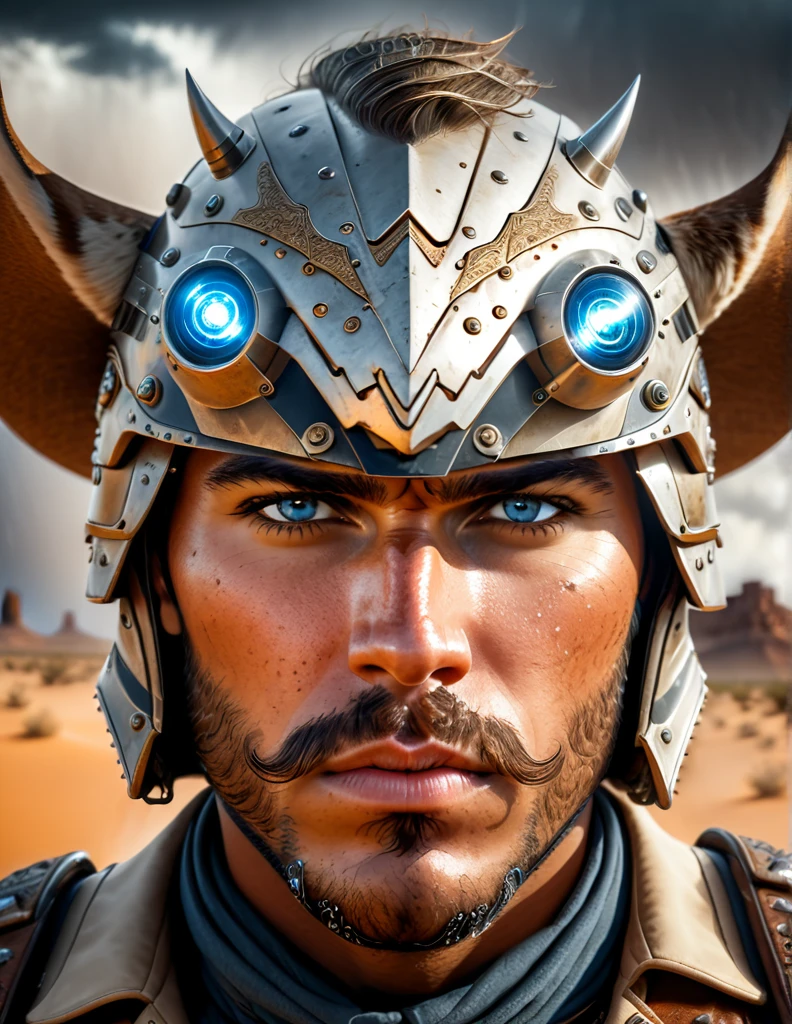 Cinematic Image of Professional Photography of Brave Cowboy at a dessert, taking cover behind his cyborg Steed in a dessert storm, detailed face, detailed eyes, symmetric eyes, detailed facial hair, cinematic, volumetric lighting, ultra-sharp focus.