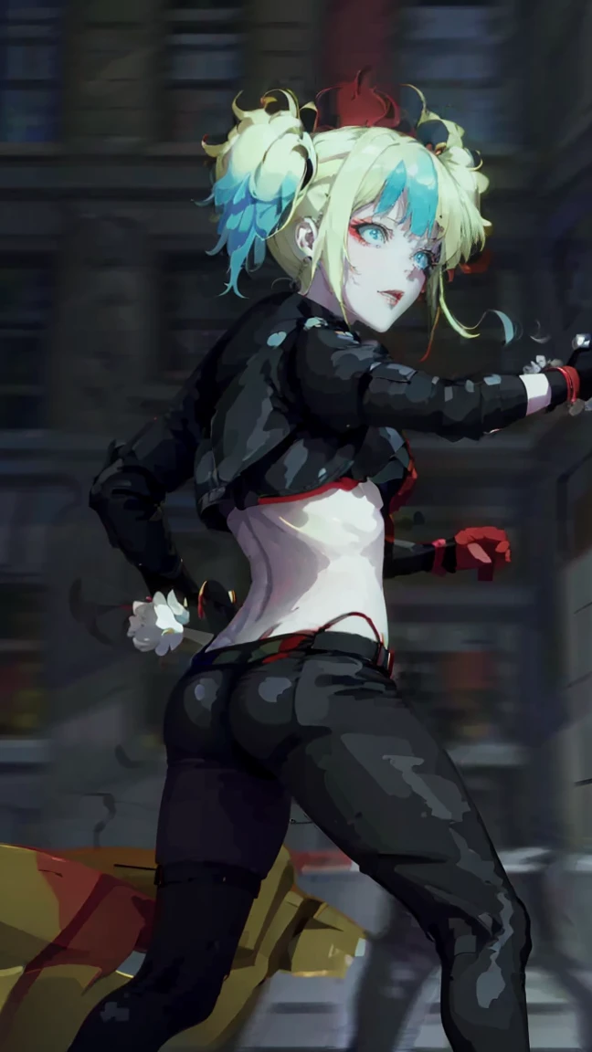 masterpiece, Best quality, Super detailed, illustration, beautiful detailed eyes, full length, ((distant view, wide angle 1.31)), On the outside, young woman, Harley Quinn, intricate design, complex shaped lace tights, two hair tails (blue and red tail), sexual, Face to face, split, full length (full body 1.1.), very feminine, fighting stance, (masterpiece), magic photography, Spectacular lighting, Photorealism, ultra detailed, intimate portrait composition, 1. 4,8 k UHD, aesthetic, Cd., A high resolution, 8 k, better lighting, Best shade, Ultra-HD, A high resolution, sharp focus, Complex background, Cinematic lighting, ((Landscape view)), 4K block, (better lighting), ((Cinematic lighting)),