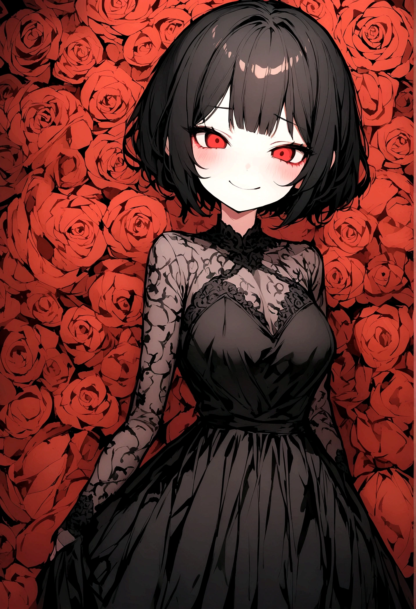 girl with black short hair, lewd smile, red eye, black dress, facing me like yandere