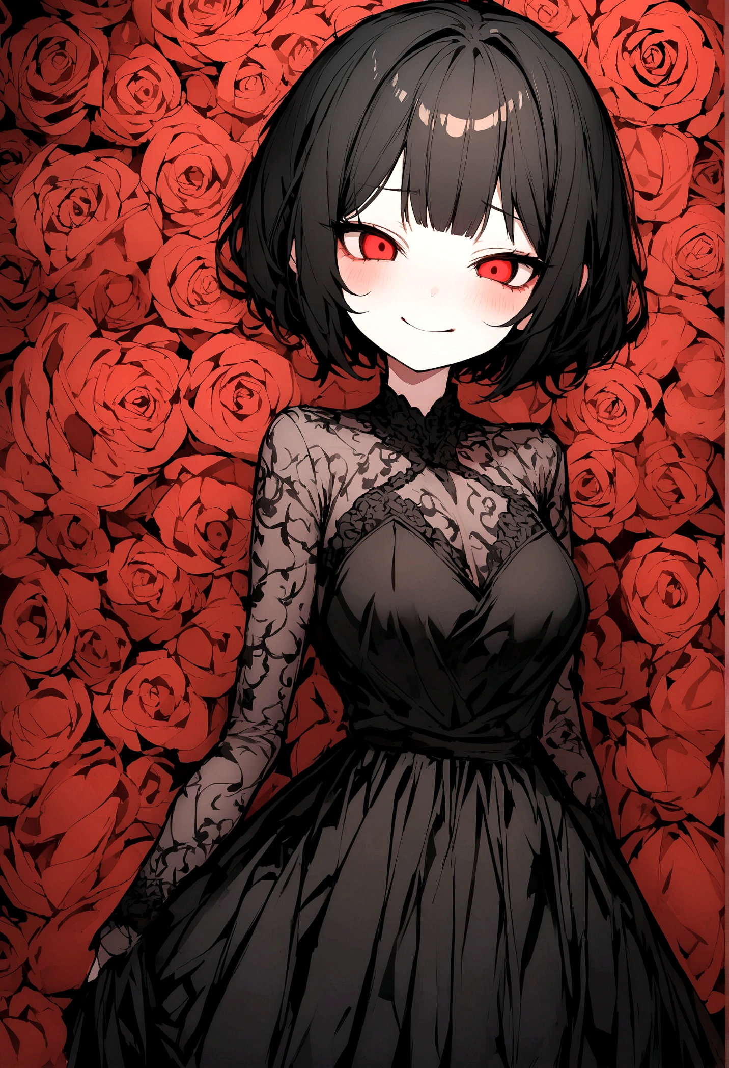 girl with black short hair, lewd smile, red eye, black dress, facing me like yandere