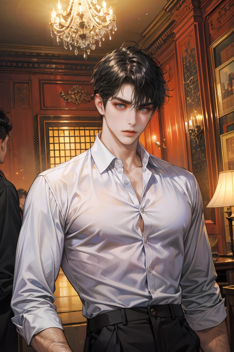 (absurdres, highres, ultra detailed, original character, HDR), 1 russian boy, solo, adult, handsome, ((tall muscular guy, broad shoulders)), finely detailed eyes, (black hair), hair between eyes, turquoise eyes, holographic, futuristic, casual and sexy outfit, (body tight unbuttoned white shirt), black trouser, (large man breasts), ((wearing an earring)), portrait, dutch angle, face focused, modern british colonial room, dystopian hong kong city, indoor, closed mouth, looking at viewer, depth of field, bokeh