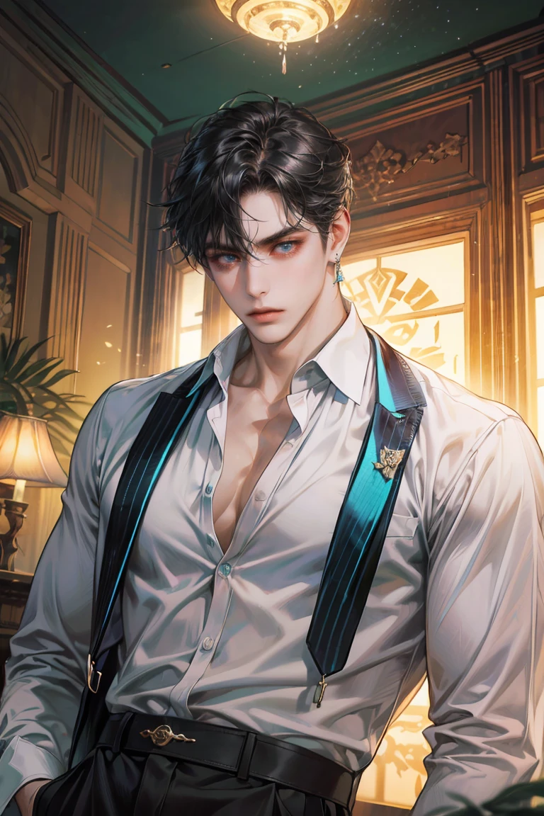 (absurdres, highres, ultra detailed, original character, HDR), 1 russian boy, solo, adult, handsome, ((tall muscular guy, broad shoulders)), finely detailed eyes, (black hair), hair between eyes, turquoise eyes, holographic, futuristic, casual and sexy outfit, (body tight unbuttoned white shirt), black trouser, (large man breasts), ((wearing an earring)), portrait, dutch angle, face focused, modern british colonial room, dystopian hong kong city, indoor, closed mouth, looking at viewer, depth of field, bokeh