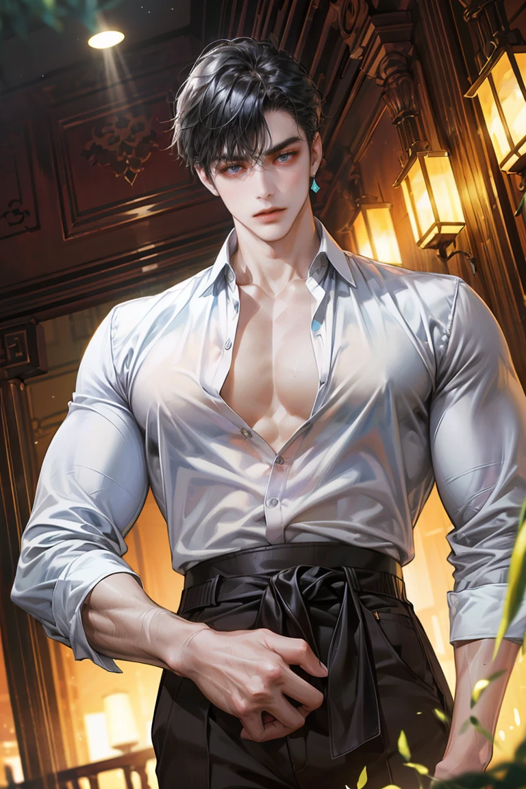 (absurdres, highres, ultra detailed, original character, HDR), 1 russian boy, solo, adult, handsome, ((tall muscular guy, broad shoulders)), finely detailed eyes, (black hair), hair between eyes, turquoise eyes, holographic, futuristic, casual and sexy outfit, (body tight unbuttoned white shirt), black trouser, (large man breasts), ((wearing an earring)), portrait, dutch angle, face focused, modern british colonial room, dystopian hong kong city, indoor, closed mouth, looking at viewer, depth of field, bokeh
