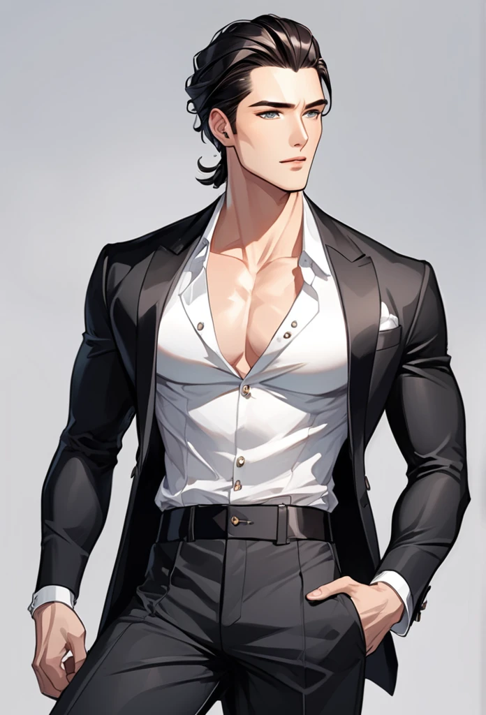 a super handsome man, he has black hair, short 2/8 slick back hairstyles, and his eyes are brown, he wore a white shirt , he also wore a black style pant. he's a super charming man. charming face. Manhwa style.
