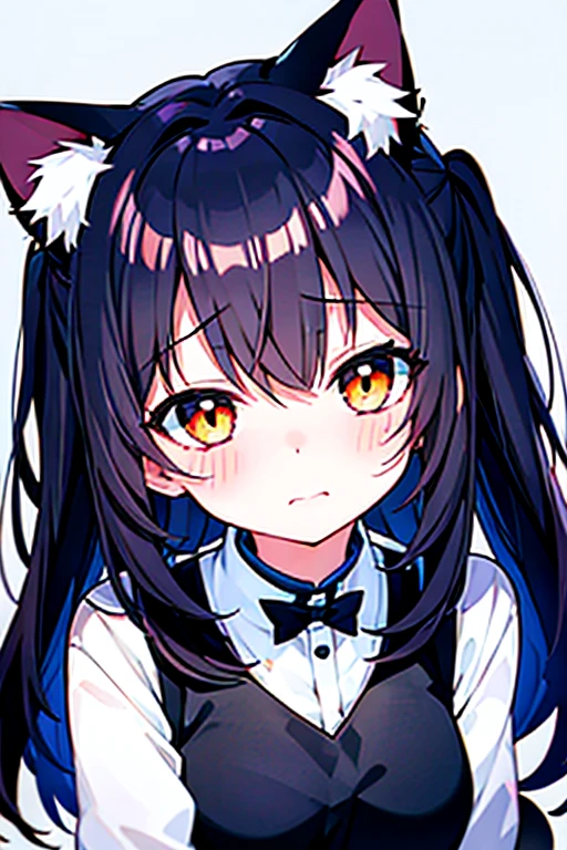 Embarrassed face,blush,One girl,前hair,Tilt your head,From above,whole body,black_hair,Cat ear(white),Cat's Tail(white),Frilled Chalk,Long skirt_dress,(Small Tits),pink_eye,My Room,Heart Background ,donut