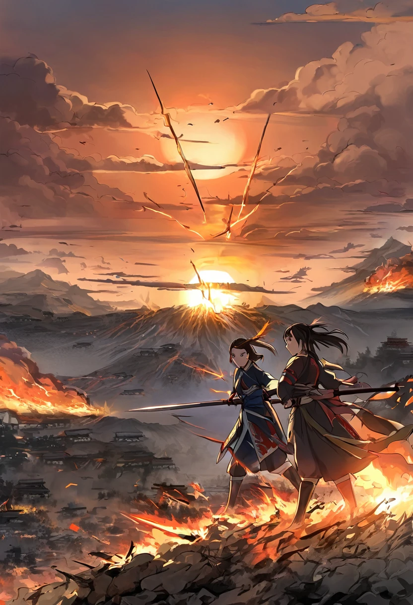 dramatic duel between 2girls, set in a battlefield during the Warring States period of Japan, illuminated by the setting sun, with a sense of intensity and determination emanating from the characters, fierce expression, flash of steel, calm and focused expression, war-torn landscape, with burning buildings and fallen warriors in the distance, tense and dramatic, with a sense of fate hanging in the balance,