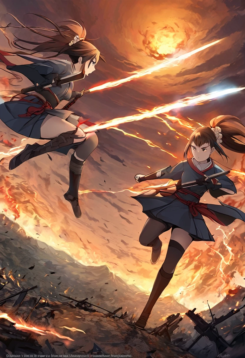 dramatic duel between 2girls, set in a battlefield during the Warring States period of Japan, illuminated by the setting sun, with a sense of intensity and determination emanating from the characters, fierce expression, flash of steel, calm and focused expression, war-torn landscape, with burning buildings and fallen warriors in the distance, tense and dramatic, with a sense of fate hanging in the balance,