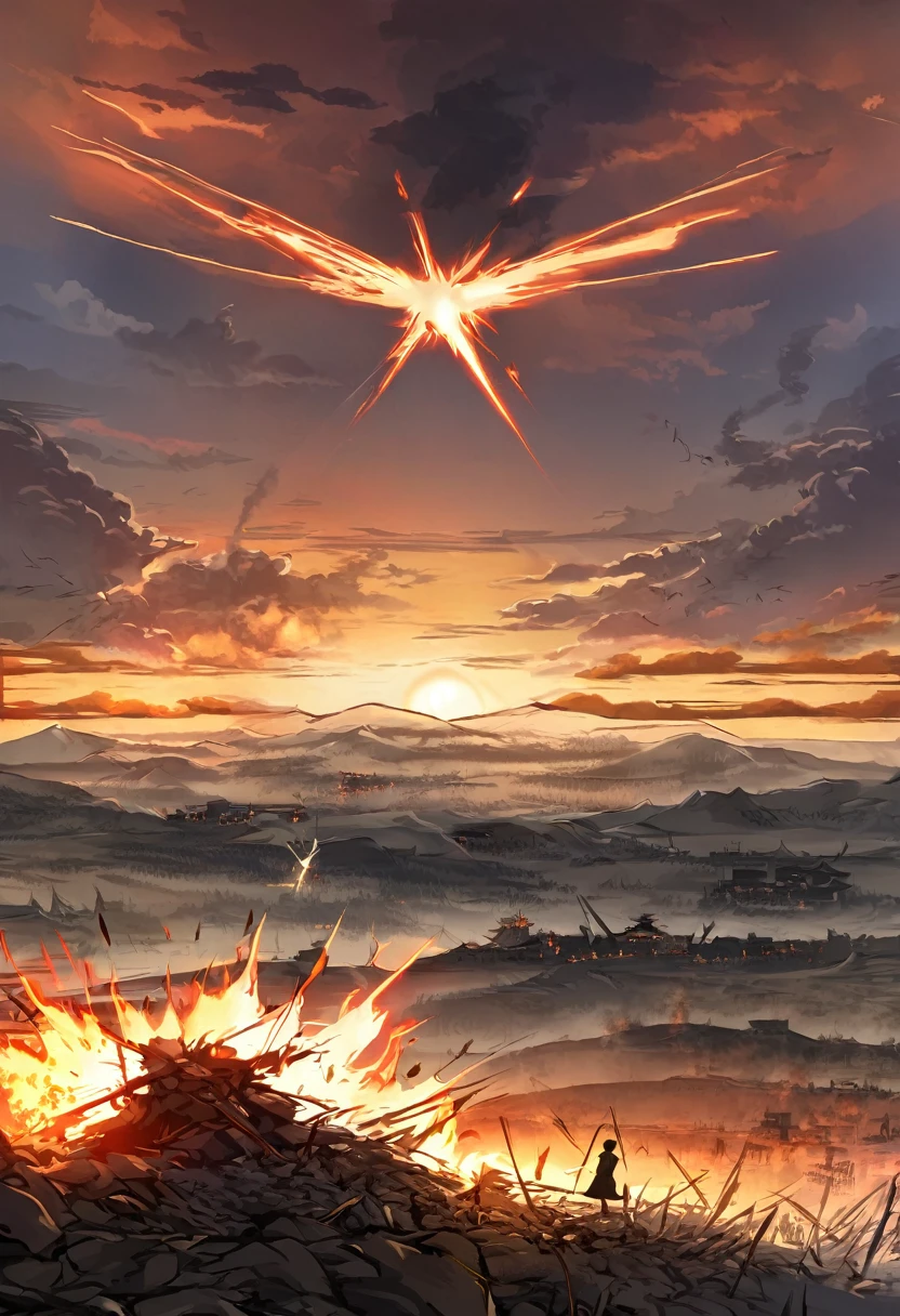 dramatic duel between 2girls, set in a battlefield during the Warring States period of Japan, illuminated by the setting sun, with a sense of intensity and determination emanating from the characters, fierce expression, flash of steel, calm and focused expression, war-torn landscape, with burning buildings and fallen warriors in the distance, tense and dramatic, with a sense of fate hanging in the balance,