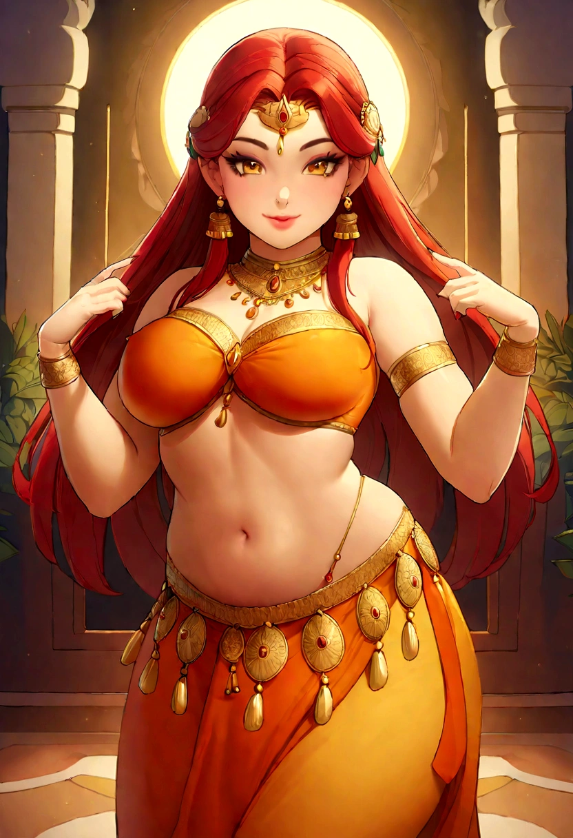 a woman in a red and gold sari dancing in a room, thicc, indian goddess, cinematic goddess body shot, cinematic goddess shot, red haired goddess, sexy pose, extremely detailed goddess shot, traditional beauty, cgsociety 8 k, indian goddess of wealth, cgsociety 8k, cgsociety 8k, full body cgsociety, curvaceous. detailed expression, dreamlikeart style:0.8),( redshift style:1.1) ,(analog style:1.1), (glossy sexy bimbo:1.1),(studio_ghibli_anime_style:0.8), (detailed face and eyes:1.2), (detailed lips:1.2),(warm backlit lighting)++, (dark tone)++realistic, highly detailed, hasselblad, 45 degree, gigapixel, india, Hinduism, indian clothes, a close up portrait photo of beautiful Hansika Motwani, Hansika Motwani, curvaceous young woman