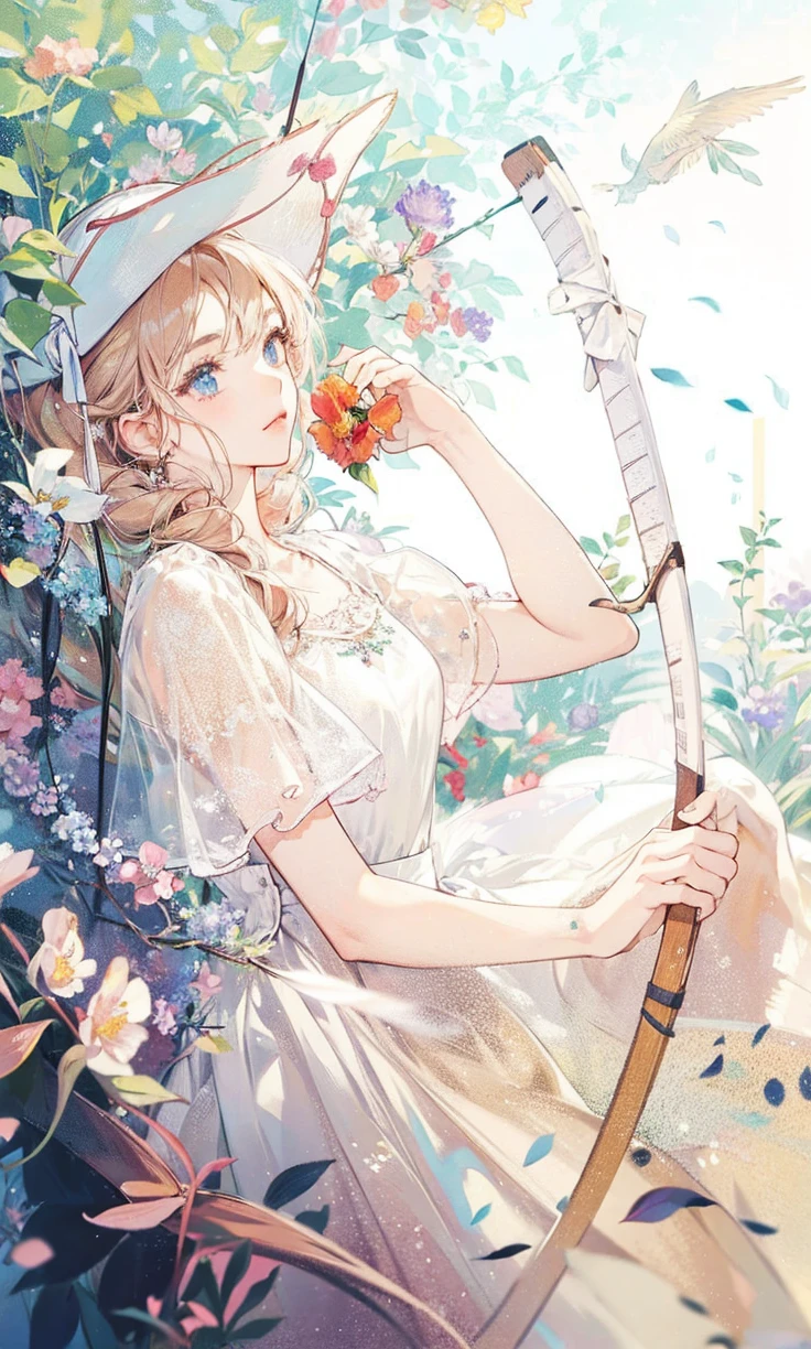 A girl wearing a hat, holding a flower, long hair, flower on top of the hat, wearing dress , holding a archery, 