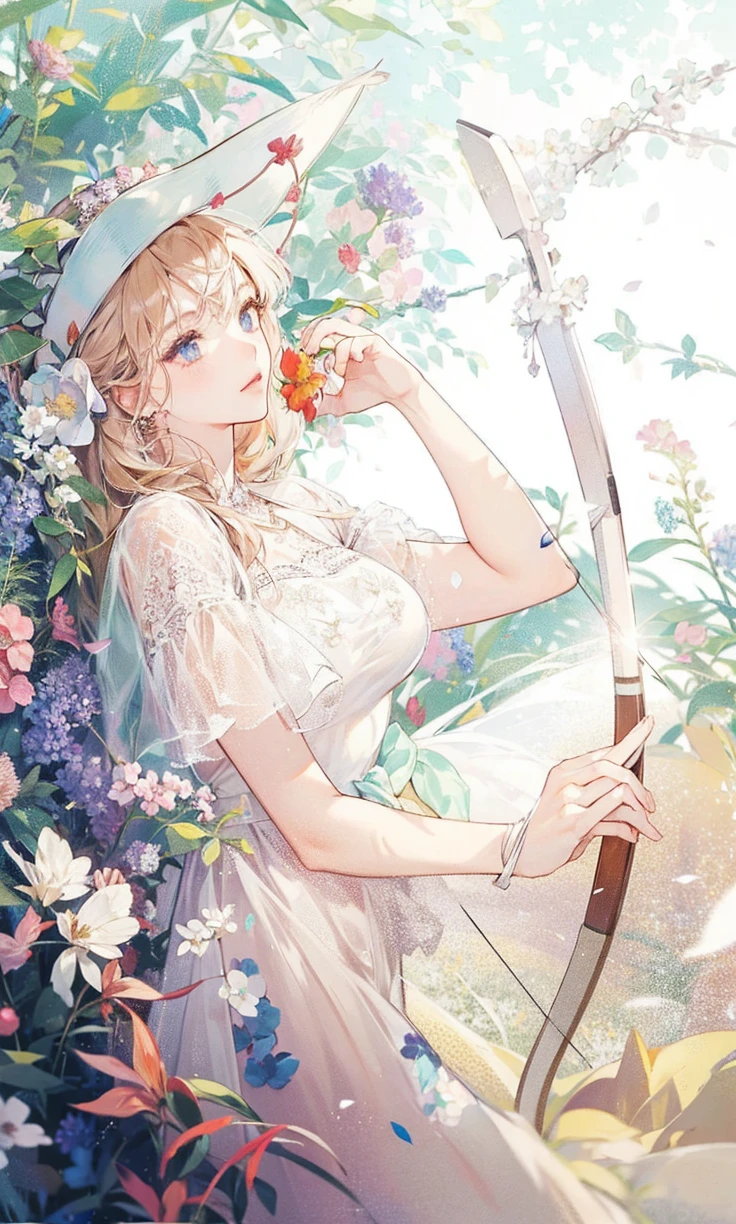 A girl wearing a hat, holding a flower, long hair, flower on top of the hat, wearing dress , holding a archery, 