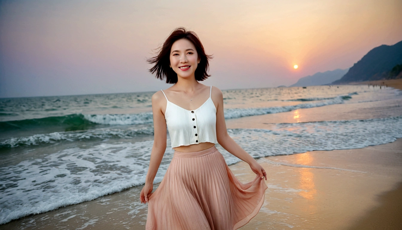 sunset on the beach，바다에 잔광이 비치네sunset on the beach 붉은 태양，A strong afterglow is reflected in the sea., Beautiful 46 year old short Korean woman, Chest size 34 inches, Wear sleeveless, light skirt. beautiful pretty woman look , wearing a light skirt , Go far into the sea water and dip your toes., Short medium hair blowing in the wind, 1 short woman, beautiful eyes, a little smile, Full body photo from a distance with a wide angle lens, The background is clear and perfect, waves driven by the wind, best high definition