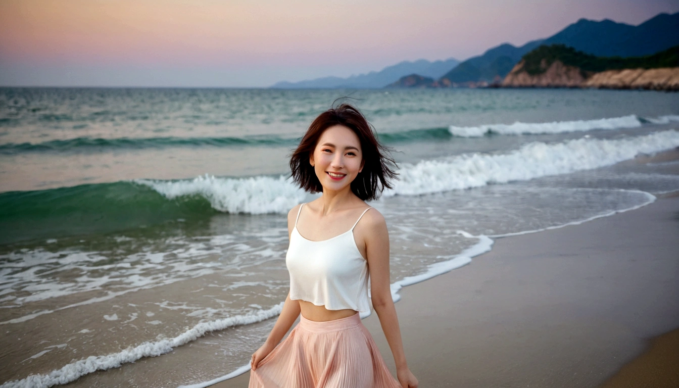 sunset on the beach,바다에 잔광이 비치네sunset on the beach 붉은 태양,A strong afterglow is reflected in the sea., Beautiful 46 year old short Korean woman, Chest size 34 inches, Wear sleeveless, light skirt. beautiful pretty woman look , wearing a light skirt , Go far into the sea water and dip your toes., Short medium hair blowing in the wind, 1 short woman, beautiful eyes, a little smile, Full body photo from a distance with a wide angle lens, The background is clear and perfect, waves driven by the wind, best high definition