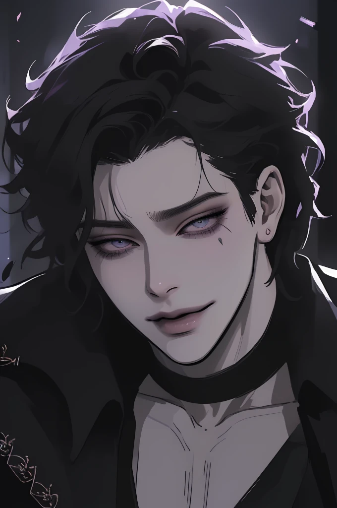 anime man in the night city, attractive man with сиреневые глаза while squinting, adult man, black hair, black loose shirt, (((no decorations on clothes))), beautiful detailed eyes, lilac eyes eyes, squinting, shoulder-length curly hair, (Best quality,4K,8 k,A high resolution,masterpiece:1.2), ultra detailed, (realistic, photorealistic,photo-realistic:1.37), bright colors, dark lighting, Cinematic, A sly smile on his face, long hair, full length