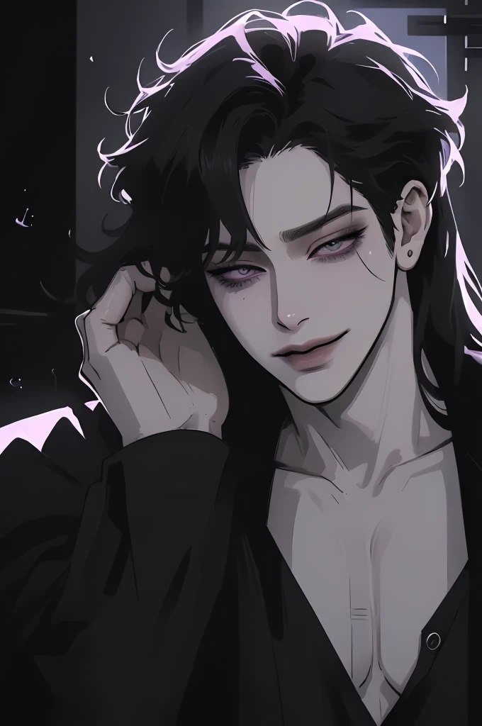 anime man in the night city, attractive man with сиреневые глаза while squinting, adult man, black hair, black loose shirt, (((no decorations on clothes))), beautiful detailed eyes, lilac eyes eyes, squinting, shoulder-length curly hair, (Best quality,4K,8 k,A high resolution,masterpiece:1.2), ultra detailed, (realistic, photorealistic,photo-realistic:1.37), bright colors, dark lighting, Cinematic, A sly smile on his face, long hair, full length