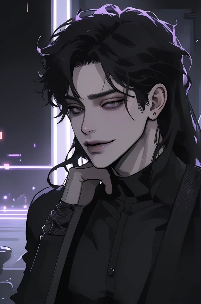 anime man in the night city, attractive man with сиреневые глаза while squinting, adult man, black hair, black loose shirt, (((no decorations on clothes))), beautiful detailed eyes, lilac eyes eyes, squinting, shoulder-length curly hair, (Best quality,4K,8 k,A high resolution,masterpiece:1.2), ultra detailed, (realistic, photorealistic,photo-realistic:1.37), bright colors, dark lighting, Cinematic, A sly smile on his face, long hair, full length