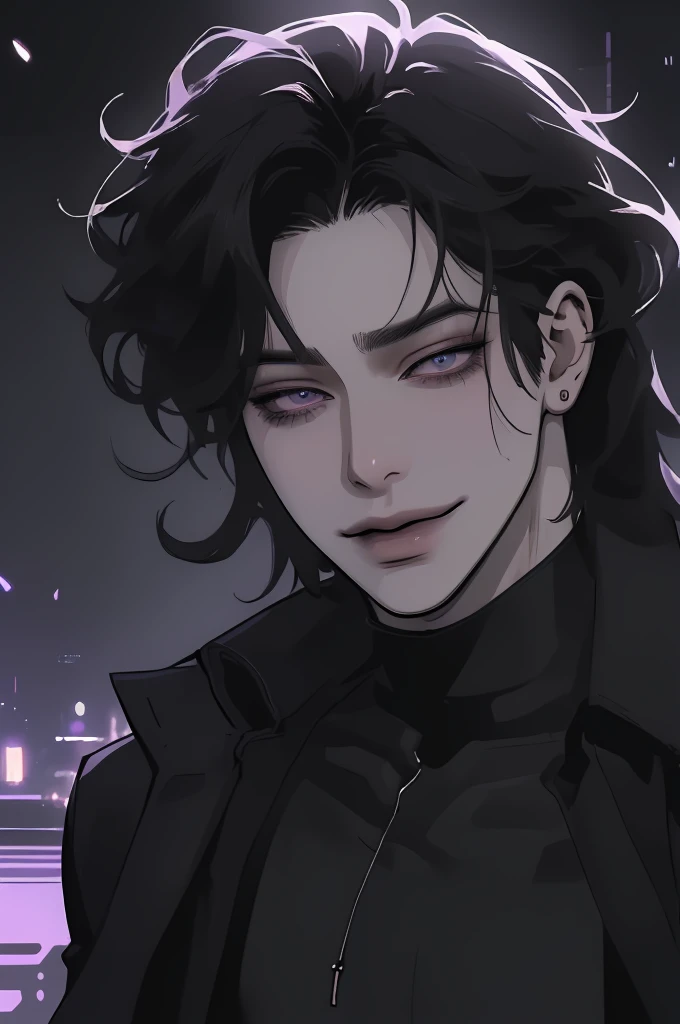 anime man in the night city, attractive man with сиреневые глаза while squinting, adult man, black hair, black loose shirt, (((no decorations on clothes))), beautiful detailed eyes, lilac eyes eyes, squinting, shoulder-length curly hair, (Best quality,4K,8 k,A high resolution,masterpiece:1.2), ultra detailed, (realistic, photorealistic,photo-realistic:1.37), bright colors, dark lighting, Cinematic, A sly smile on his face, long hair, full length