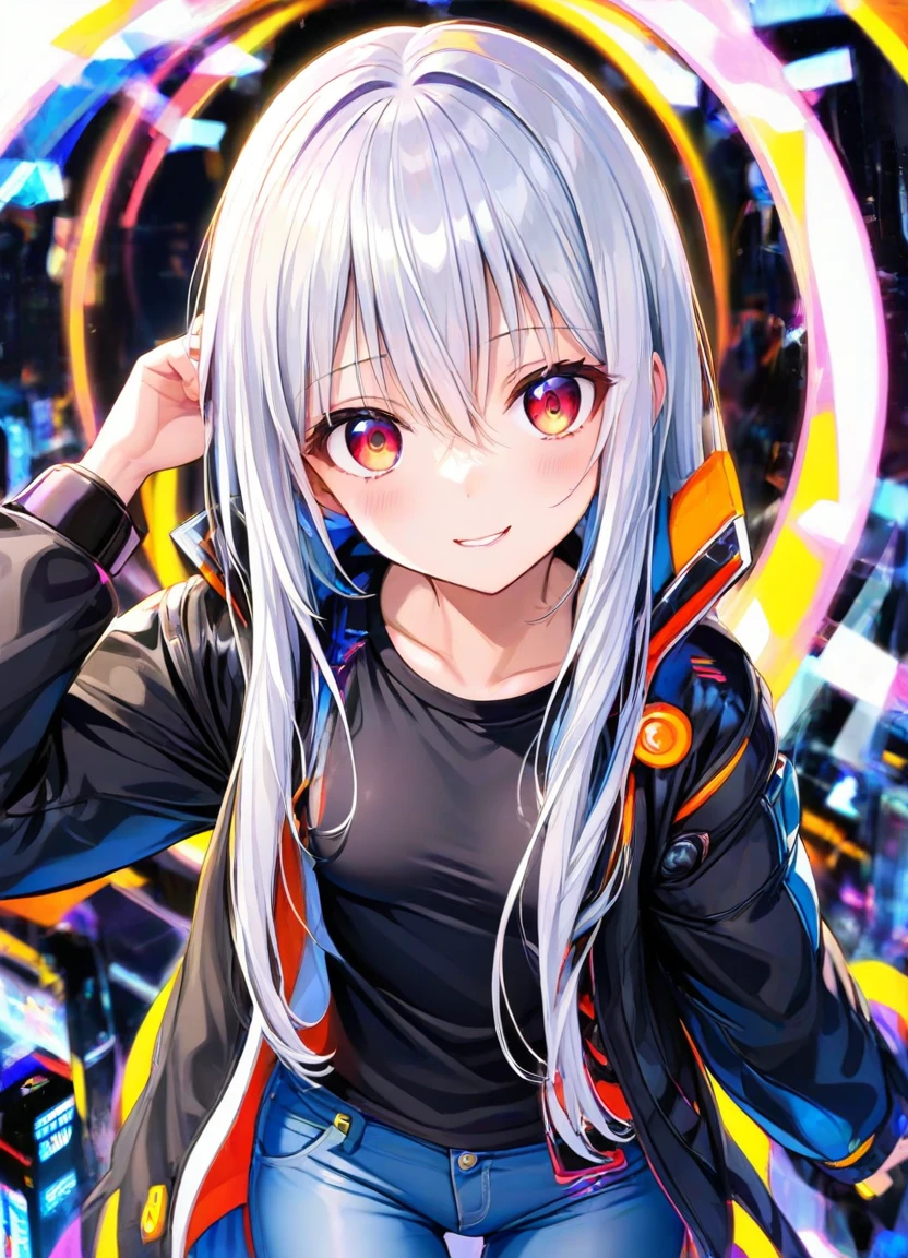 1girl, , slim, small breasts, white hair, hairs between eyes, shoulder length hair, pale skin, bright red eye:1.3, white duffle coat and long-sleeve black sweater, open jacket, jeans, gold pocket watches hanging from the neck, BREAK kawaii, smile, cowboy shot, pose, (cyberpunk night city:1.3), neon light, (light particle:1.3), BREAK smooth skin, cinematic lighting, volumetric shadow, BREAK source_anime, score_9, score_8_up, score_7_up, (masterpiece:1.2), (best quality:1.2), (very aesthetic:1.2), (absurdres:1.2), (detailed background), newest, (intricate:1.2), ai-generated, BREAK
