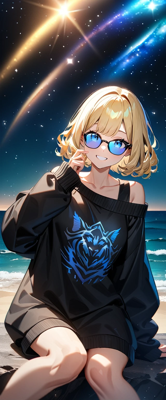 (((a starry sky, the Milky Way shining beautifully in the night))), ((bare legs)), (((sunglasses, hand to sunglasses))), (((Aran sweater))), from side, upper body, ((sitting on the very high cliff)), ((wavy hair, inward curled hair)), ((sea, beach)), ((blond hair, bob cut:1.3)), breasts, ager, (looking at viewer), oversized clothes, puffy long sleeves, ((off-shoulder sweater:1.3, Quite thick shoulder straps)), ((black sweater)), collarbone, head tilt:1.3, (((blue eyes))), ((happy smile)), (((anime style))), (best quality, 4K, 8K, highres, masterpiece:1.2, ultra-detailed, ultra-detailed eyes, HDR, uhd, studio lighting, ultra-fine painting, sharp focus, physically-based rendering, extreme detail description, professional, vivid colors, bokeh)