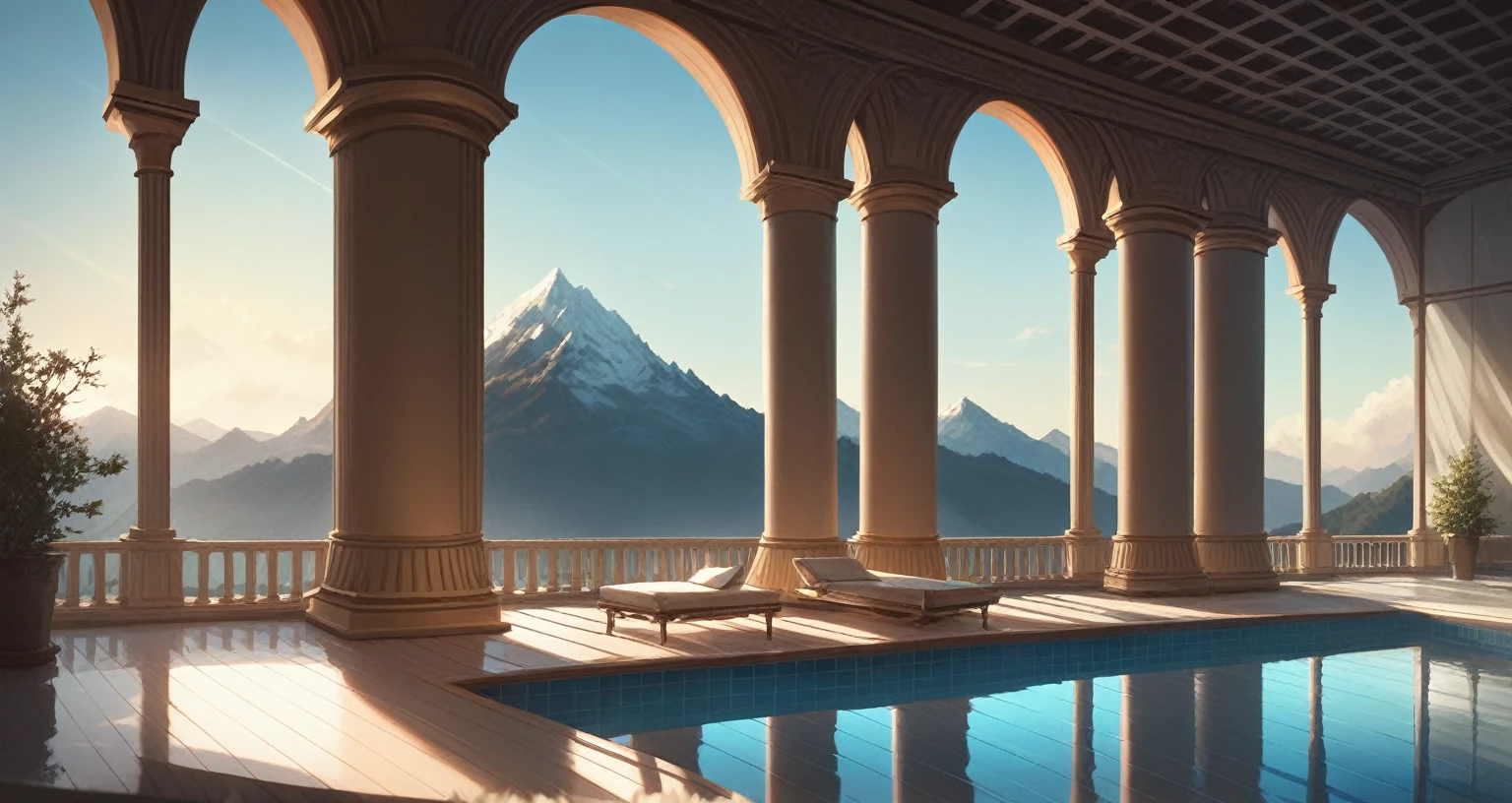 A home full of futuristic technology，三层architecture，Set against the mountains，Facing the lake，Huge swimming pool，现代architecture风格， Ultra-detailed photos，architecture，complex，trace, High Dynamic Range，Dynamic Lighting, Realistic, Natural soft lighting, 低H, masterpiece, Detailed 8k，There are a lot of details，Oversized floor-to-ceiling glass，The combination of technology and natural environment，Looks super cool，
