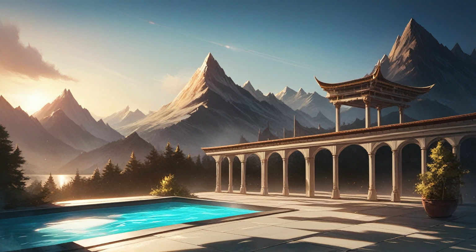 A home full of futuristic technology,三层architecture,Set against the mountains,Facing the lake,Huge swimming pool,现代architecture风格, Ultra-detailed photos,architecture,complex,trace, High Dynamic Range,Dynamic Lighting, Realistic, Natural soft lighting, 低H, masterpiece, Detailed 8k,There are a lot of details,Oversized floor-to-ceiling glass,The combination of technology and natural environment,Looks super cool,
