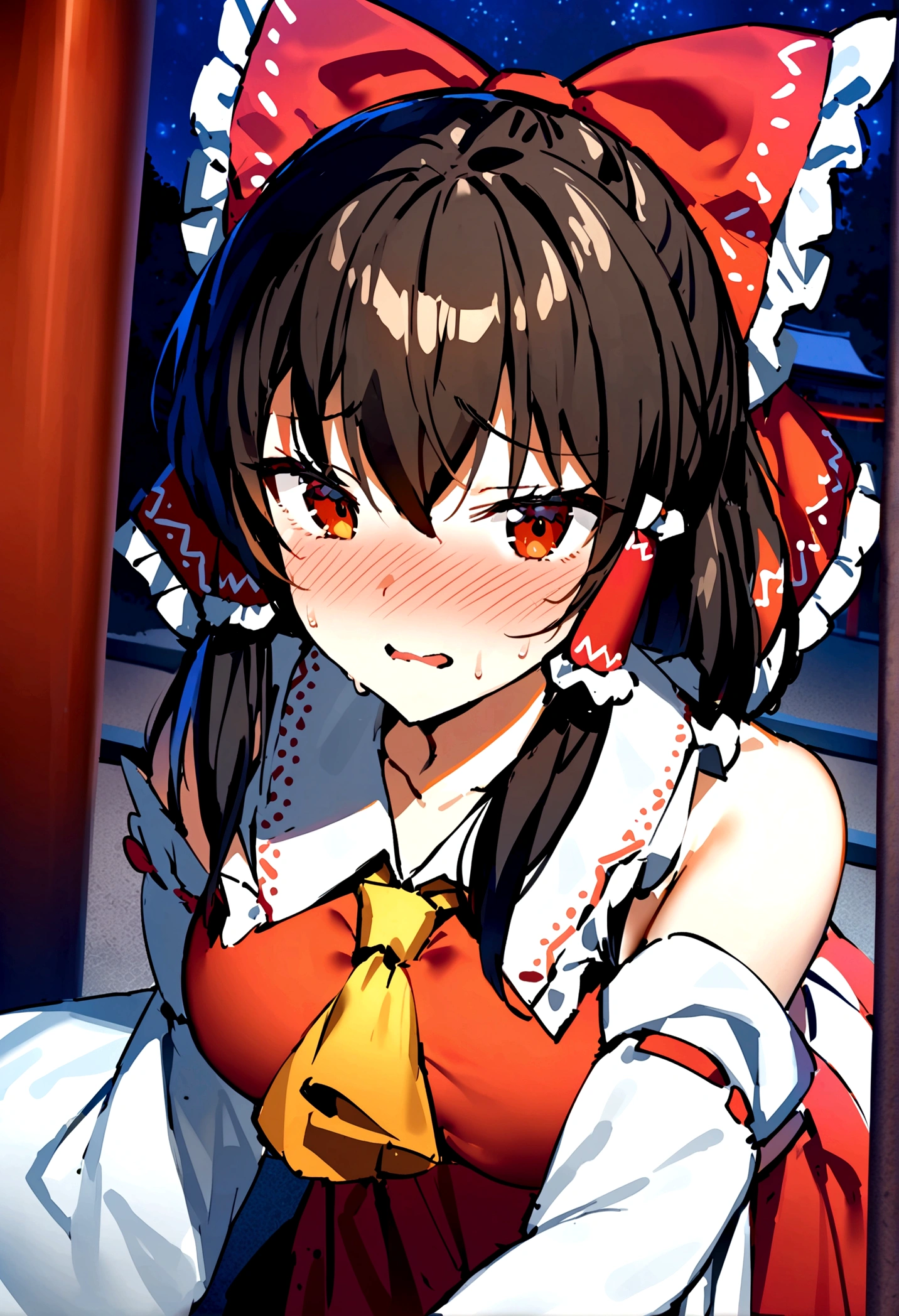 NSFW,masterpiece,Highest quality,High resolution,Super detailed,Reimu Hakurei\(Oriental Project\),Hakurei Reimu,Embarrassed,Frustrated face,Lust,blush,Expecting face,Seduce,Shrine at night,whole body,prostitution,Prostitute