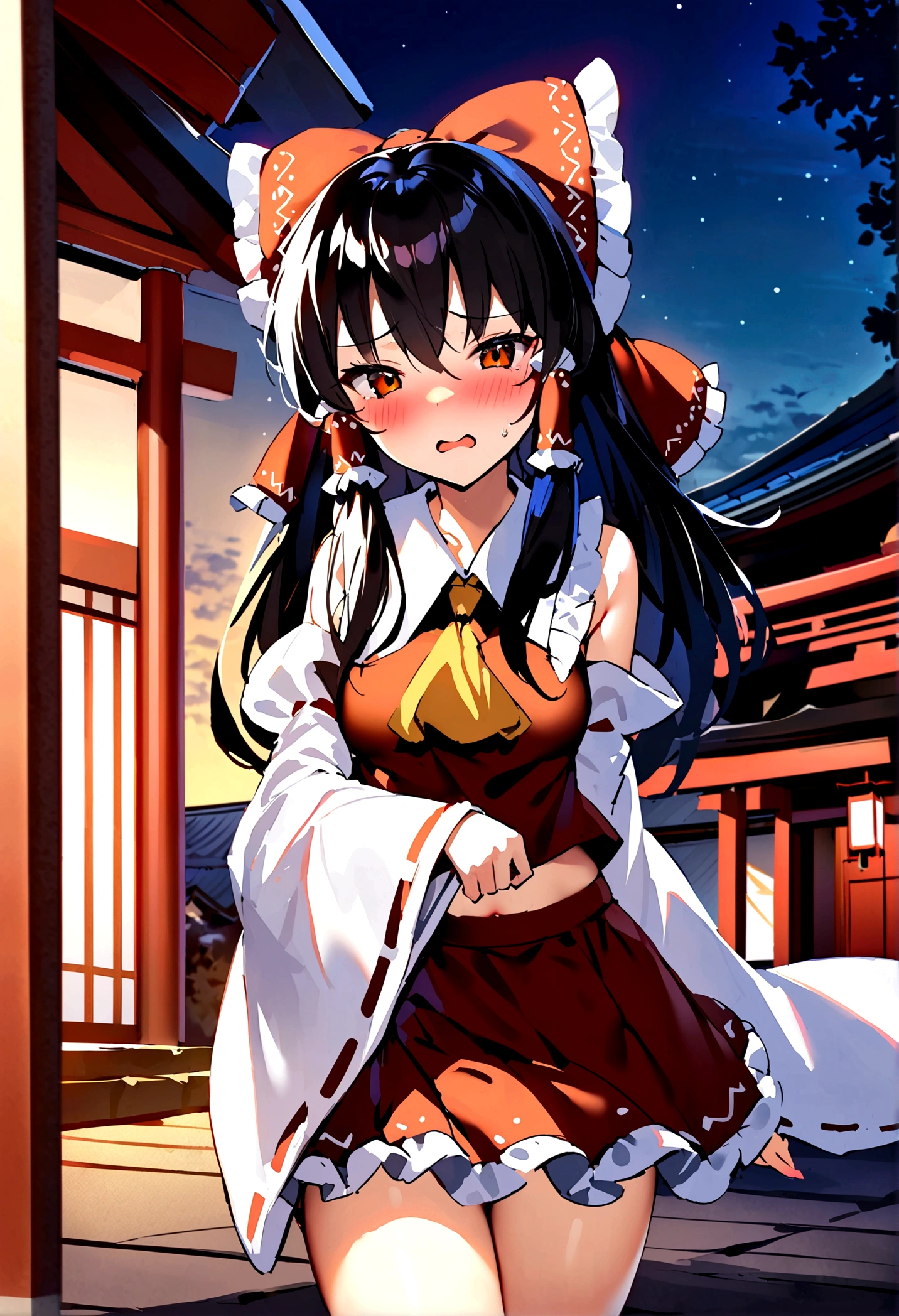 NSFW,masterpiece,Highest quality,High resolution,Super detailed,Reimu Hakurei\(Oriental Project\),Hakurei Reimu,Embarrassed,Frustrated face,Lust,blush,Expecting face,Seduce,Shrine at night,whole body,????????????,??????????