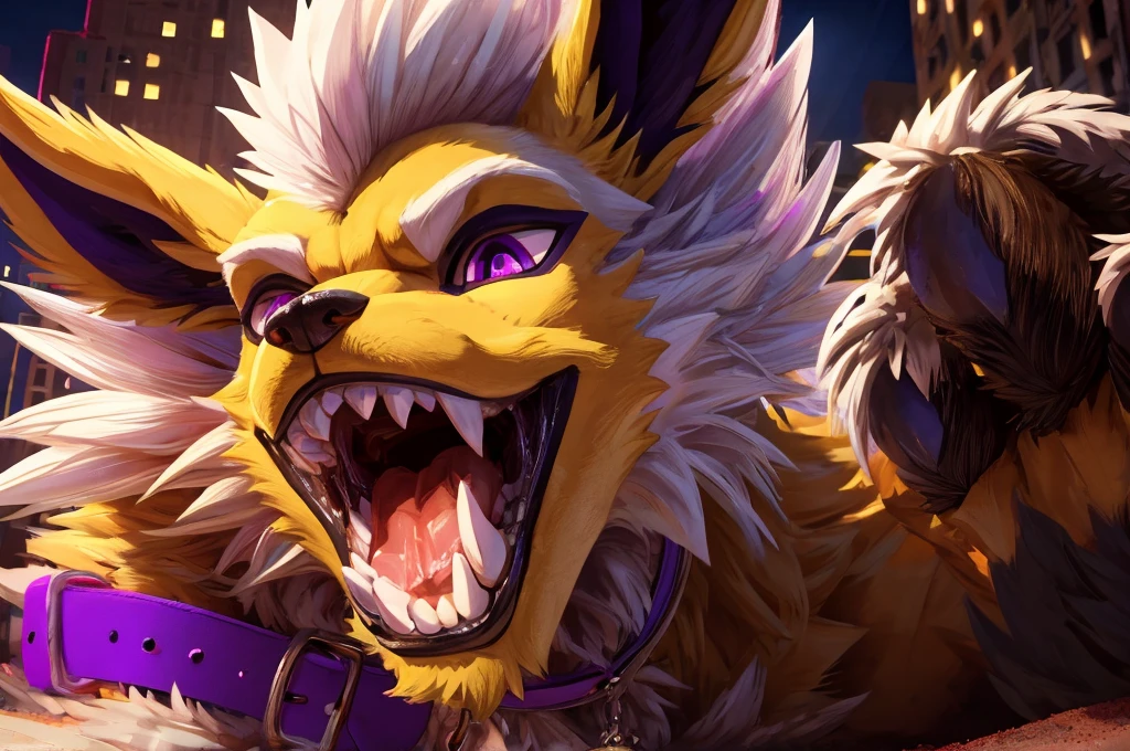 Macro Male Jolteon (pokemon),  smug expression, big teeth, high contrast, 8k HD, detailed, hyper-detailed, furry vore, primary fur yellow, secondary fur white, White mohawk, purple eyes, purple collar, best quality, ultra high res, Bully, Teasing, Flirty, Being worshipped