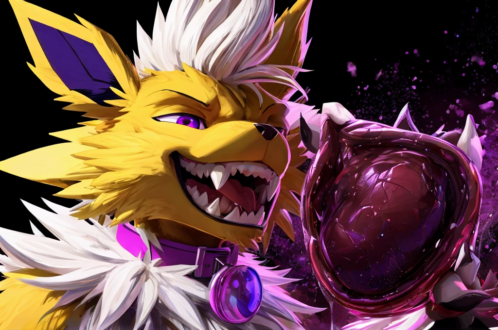 Macro Male Jolteon (pokemon), smug expression, big teeth, high contrast, 8k HD, detailed, hyper-detailed, furry vore, primary fur yellow, secondary fur white, White mohawk, purple eyes, purple collar, best quality, ultra high res, Bully, Teasing, Flirty, Being worshipped