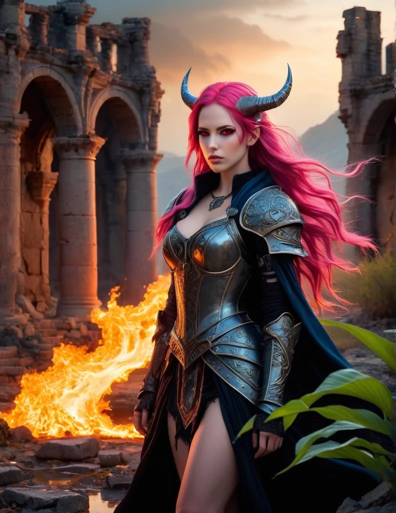 very attractive 25 year old girl with long bright pink hair,  (best quality,32k,8K,high resolution,masterpiece:1.2),Extremely detailed,(Practical,photoPractical,photo-Practical:1.37),(Numerous award-winning masterpieces, Extremely detailed and textured, Maximum resolution and clarity), (Hyper-Practical:1.4), (Practical:1.3), (Focus on upper body: 0.3), (Highest quality authentic textured skin, Lifelike rendering of pores and wrinkles), (Beautiful woman full body standing image: 1.8), (Real round eyes，Attention to detail, Fascinating depth and iris patterns), (Beautiful face: 1.6), (Set in the medieval world),Devil horns on head，((look up)), ((look down)), (Dramatic pose), Beautiful bright pink hair, Beautiful bright pink hair, (Black Net Robe:1.3), On armor, powerful warrior, Agility Warrior, fantasy, ((Dramatic photos)), ((dynamic picture)), (Red Eyes:1.5), Lighting Effects, Dramatic lighting, (Intricate details:1.1), Complex background, (Greg Ratkosky:0.8), (cyan and orange:0.4), (Blue flames rolling), (Spinning Lightning), (Ice and snow:0.7), Ancient ruins overgrown with plants, 一座Ruins of an old castle, Ruins of an old castle, Abandoned mines, desolate ruins, Ruins in ruins, Ruins with clear puddles, twilight, Sunset, night, battlefield, Bioluminescence, photo quality