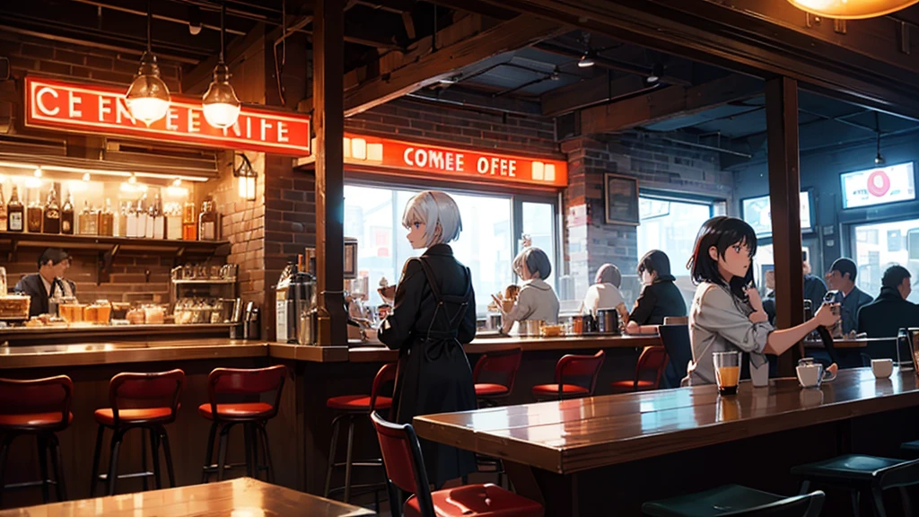 A small cafe is open for business, with lights shining from its red brick exterior. There's a neon sign advertising "Coffee" in red and blue lit letters. Inside, the cafe features a counter with three red stools and a girl sitting in front of it, and a large window that offers a view of the street outside. The atmosphere seems inviting and cozy, perfect for a warm cup of coffee. White short hair