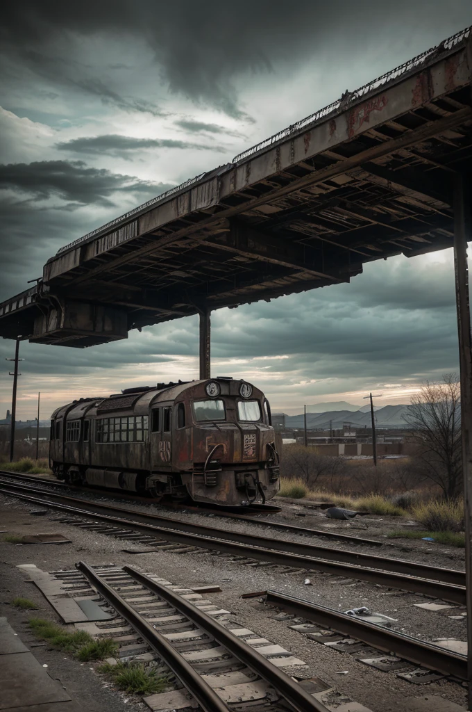 best quality,high resolution,Super detailed,actual,desolate wasteland style,Abandoned railway station and train,Dusty and rusty texture,Cracked concrete walls and broken windows,twisted metal,Deteriorated railroad tracks, thousands of people on tracks, Faded text and graffiti,Weathered and worn train wheels and machinery,Dark and gloomy atmosphere,Dim and moody lighting,Ominous clouds in the sky,Post-apocalyptic atmosphere